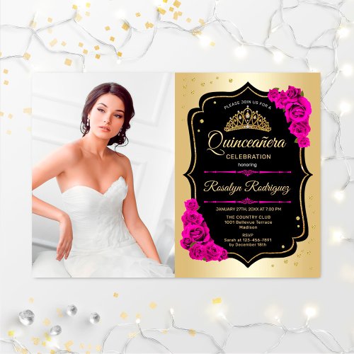 Quinceanera Party With Photo _ Gold Black Pink Invitation