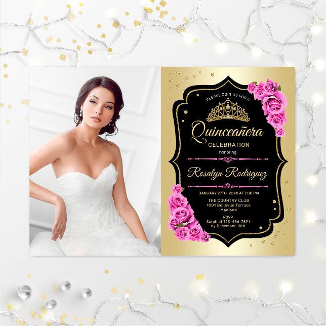 Quinceanera Party With Photo - Gold Black Pink Invitation