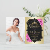 Quinceanera Party With Photo - Gold Black Pink Invitation (Standing Front)