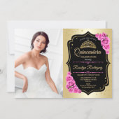 Quinceanera Party With Photo - Gold Black Pink Invitation (Front)