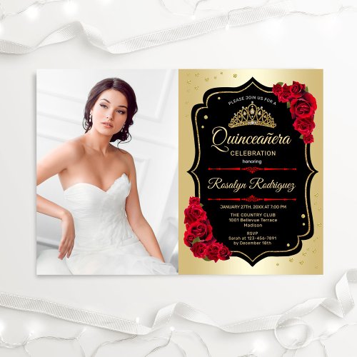 Quinceanera Party With Photo _ Gold Black Red Invitation