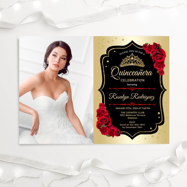 Quinceanera Party With Photo - Gold Black Red Invitation (Creator Uploaded)