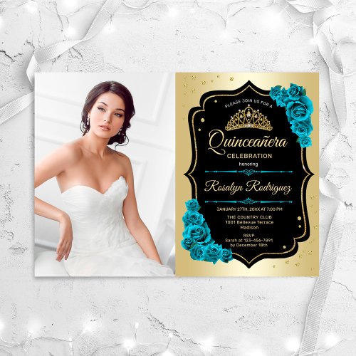 Quinceanera Party With Photo _ Gold Black Teal Invitation