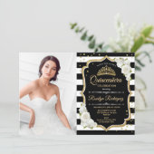 Quinceanera Party With Photo - Gold Black White Invitation (Standing Front)