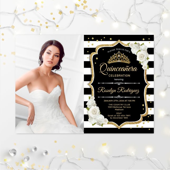 Quinceanera Party With Photo - Gold Black White Invitation