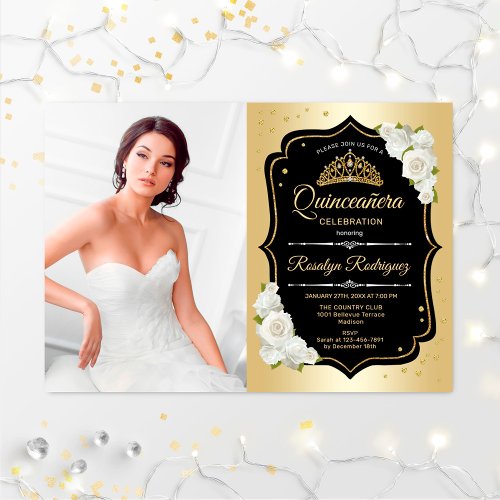 Quinceanera Party With Photo _ Gold Black White Invitation