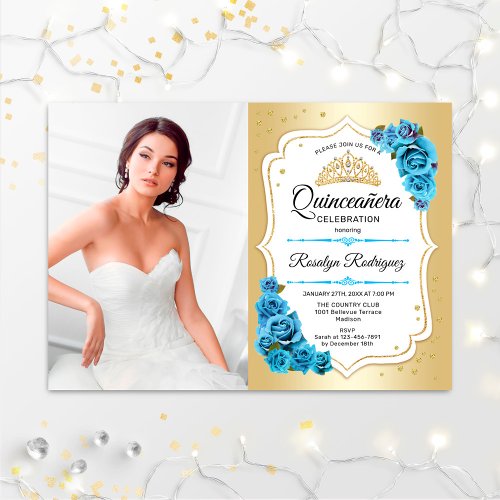 Quinceanera Party With Photo _ Gold Blue White Invitation