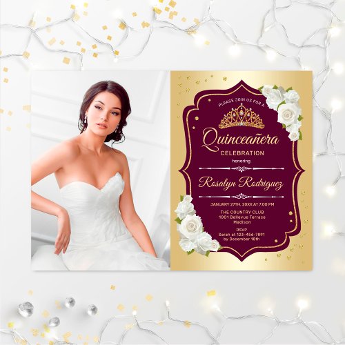 Quinceanera Party With Photo _ Gold Burgundy Invitation