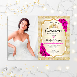 Quinceanera Party With Photo - Gold Pink Invitation