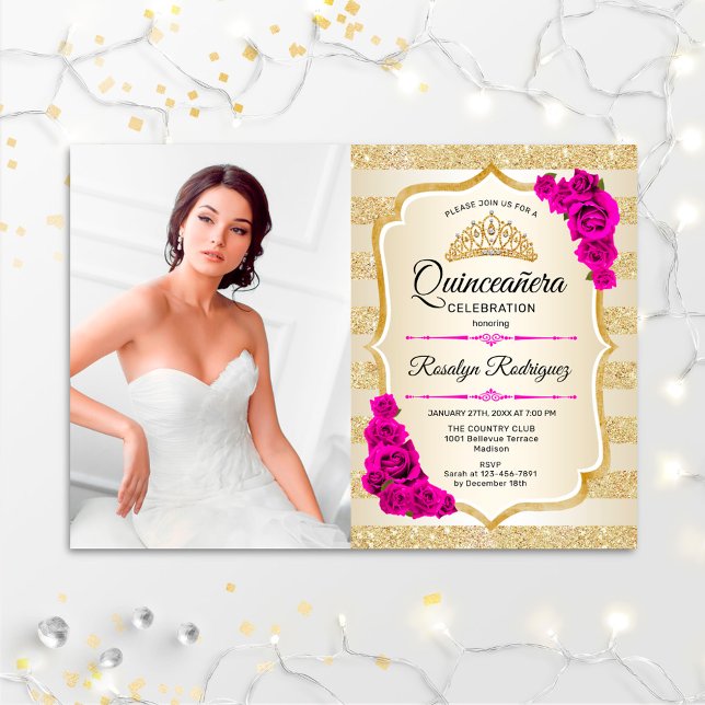 Quinceanera Party With Photo - Gold Pink Invitation (Creator Uploaded)