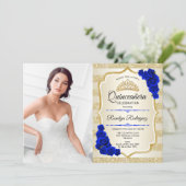 Quinceanera Party With Photo - Gold Royal Blue Invitation (Standing Front)