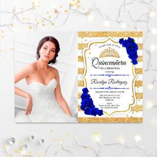 Quinceanera Party With Photo - Gold Royal Blue Invitation