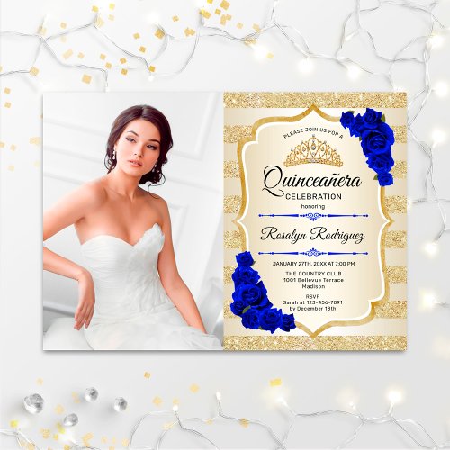 Quinceanera Party With Photo _ Gold Royal Blue Invitation