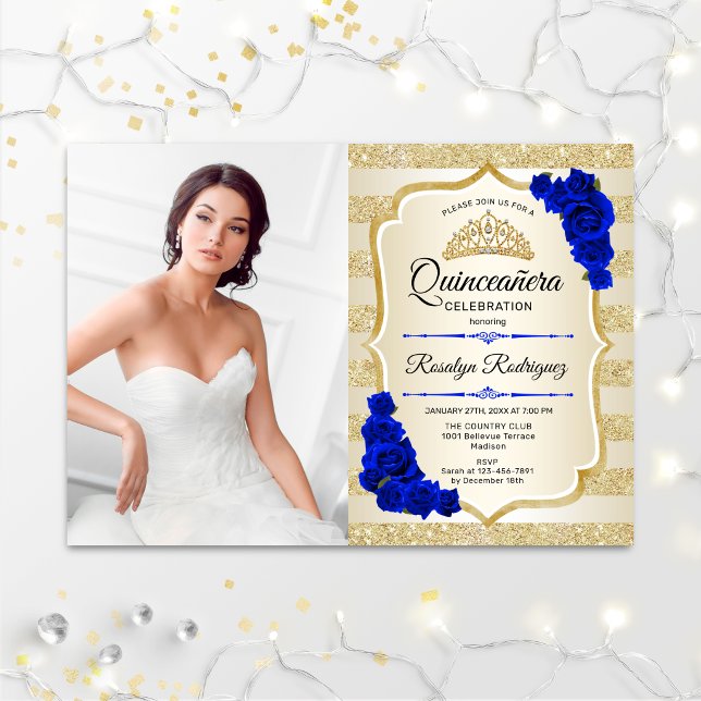 Quinceanera Party With Photo - Gold Royal Blue Invitation