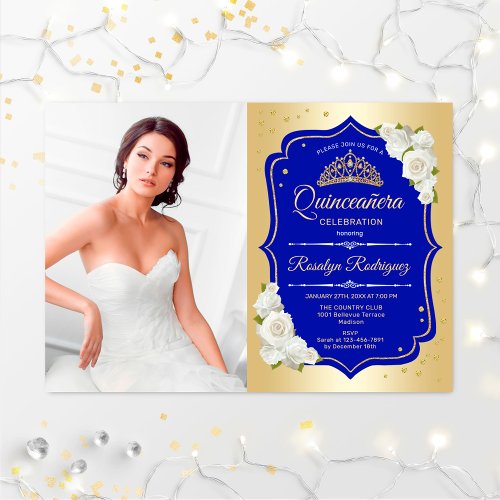 Quinceanera Party With Photo _ Gold Royal Blue Invitation