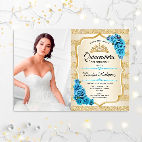 Quinceanera Party With Photo _ Gold Turquoise Blue Invitation