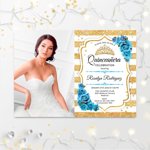 Quinceanera Party With Photo _ Gold Turquoise Blue Invitation