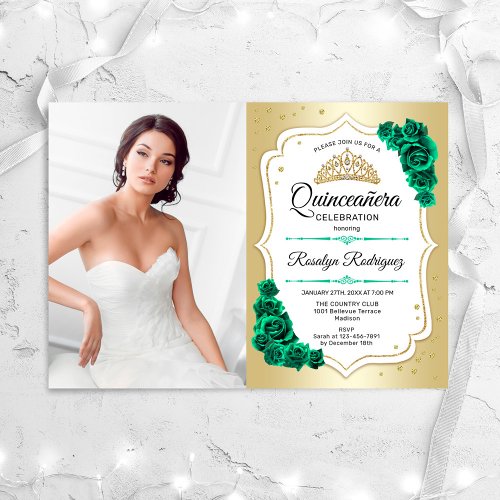 Quinceanera Party With Photo _ Gold White Green Invitation