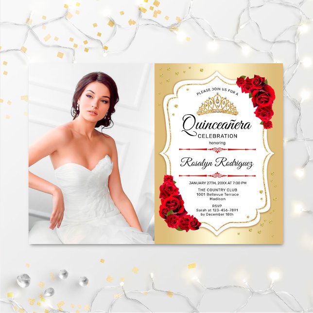 Quinceanera Party With Photo - Gold White Red Invitation (Creator Uploaded)