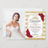 Quinceanera Party With Photo - Gold White Stripes Invitation (Front)