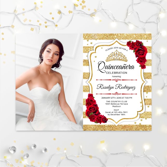 Quinceanera Party With Photo - Gold White Stripes Invitation