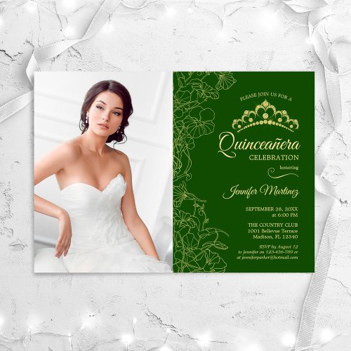 Quinceanera Party With Photo _ Green Gold Floral Invitation