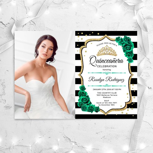 Quinceanera Party With Photo _ Green Gold White Invitation