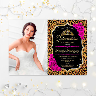 Quinceanera Party With Photo - Leopard Print Pink Invitation
