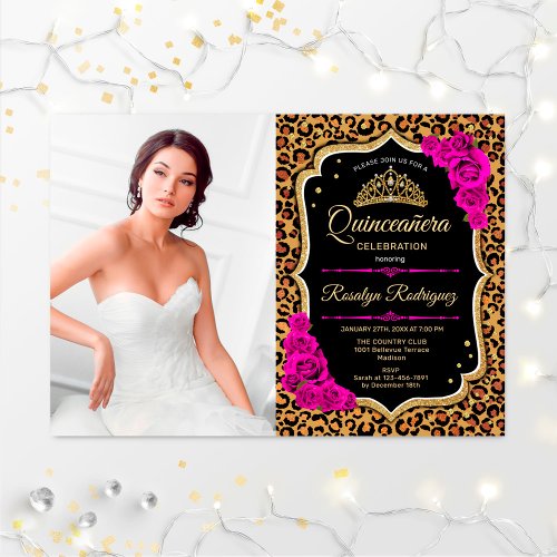 Quinceanera Party With Photo _ Leopard Print Pink Invitation