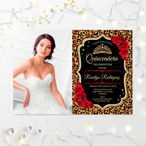 Quinceanera Party With Photo _ Leopard Print Red Invitation