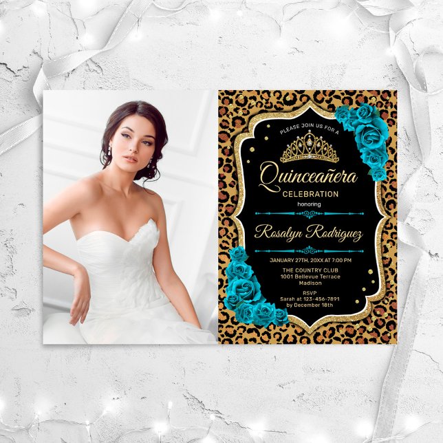 Quinceanera Party With Photo - Leopard Print Teal Invitation (Creator Uploaded)