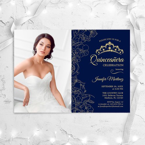 Quinceanera Party With Photo _ Navy Gold Floral Invitation