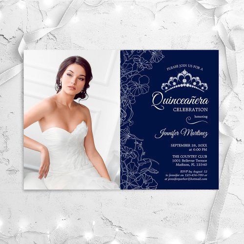Quinceanera Party With Photo _ Navy White Floral Invitation