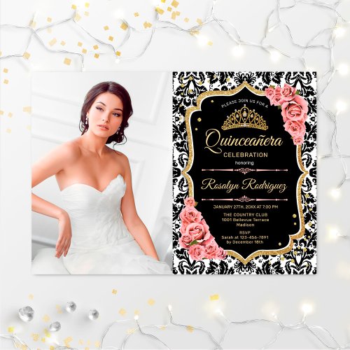 Quinceanera Party With Photo _ Pink Gold Black Invitation