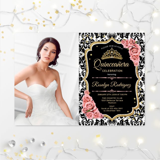 Quinceanera Party With Photo - Pink Gold Black Invitation