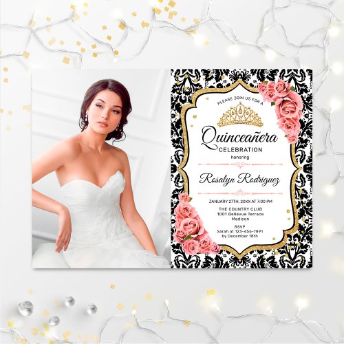 Quinceanera Party With Photo _ Pink Gold Black Invitation