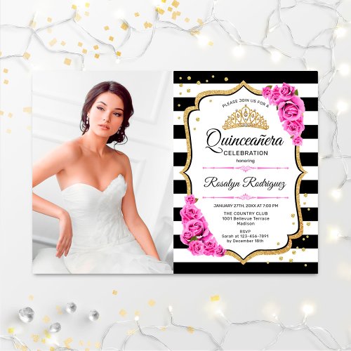 Quinceanera Party With Photo _ Pink Gold Black Invitation