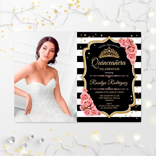 Quinceanera Party With Photo _ Pink Gold Black Invitation