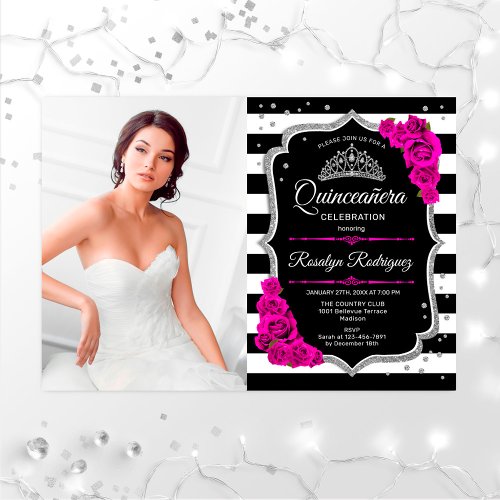 Quinceanera Party With Photo _ Pink Silver Black Invitation