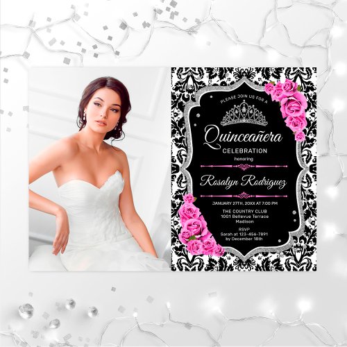 Quinceanera Party With Photo _ Pink Silver Black Invitation