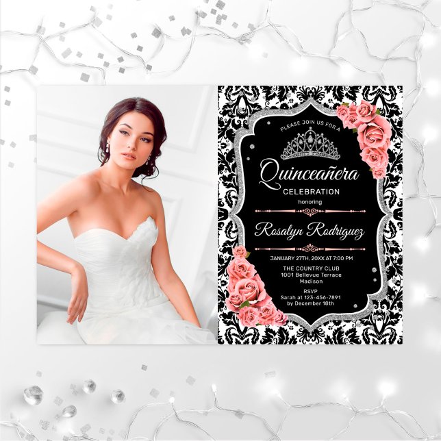 Quinceanera Party With Photo - Pink Silver Black Invitation (Creator Uploaded)