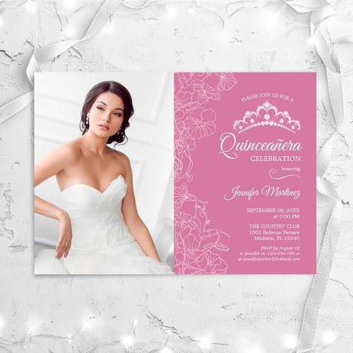 Quinceanera Party With Photo _ Pink White Floral Invitation