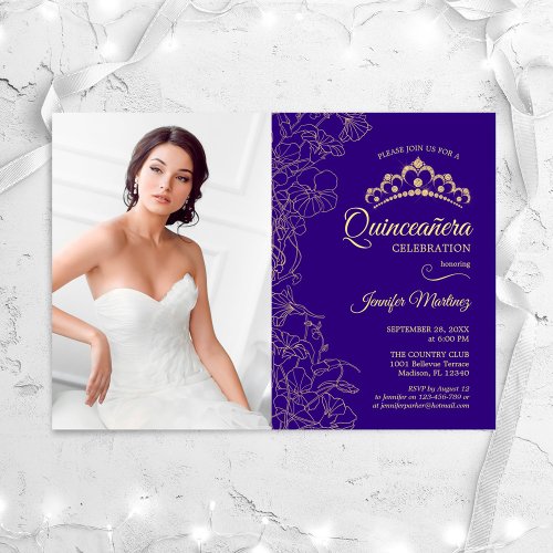 Quinceanera Party With Photo _ Purple Gold Floral Invitation