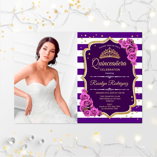 Quinceanera Party With Photo _ Purple Gold Invitation