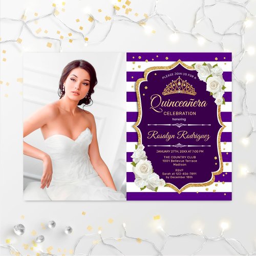 Quinceanera Party With Photo _ Purple Gold White Invitation