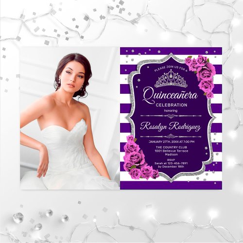 Quinceanera Party With Photo _ Purple Silver Invitation