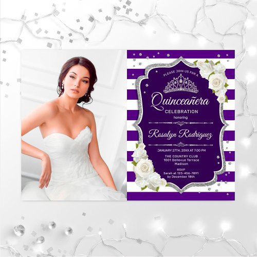 Quinceanera Party With Photo _ Purple Silver White Invitation