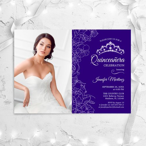 Quinceanera Party With Photo _ Purple White Floral Invitation