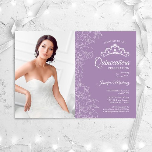Quinceanera Party With Photo _ Purple White Floral Invitation
