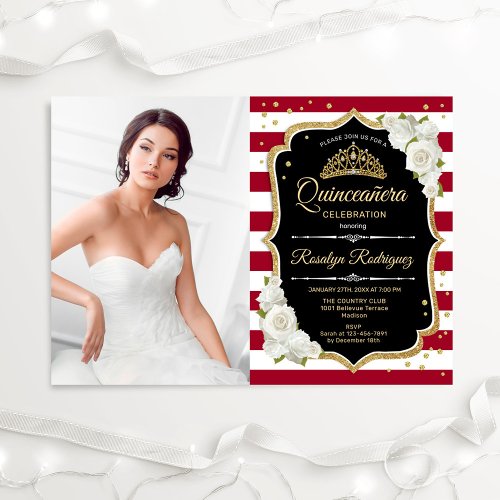 Quinceanera Party With Photo _ Red Black Gold Invitation